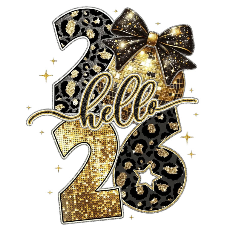 (2 Qty) Hello 2026 Black Glitter Bow DTF transfer