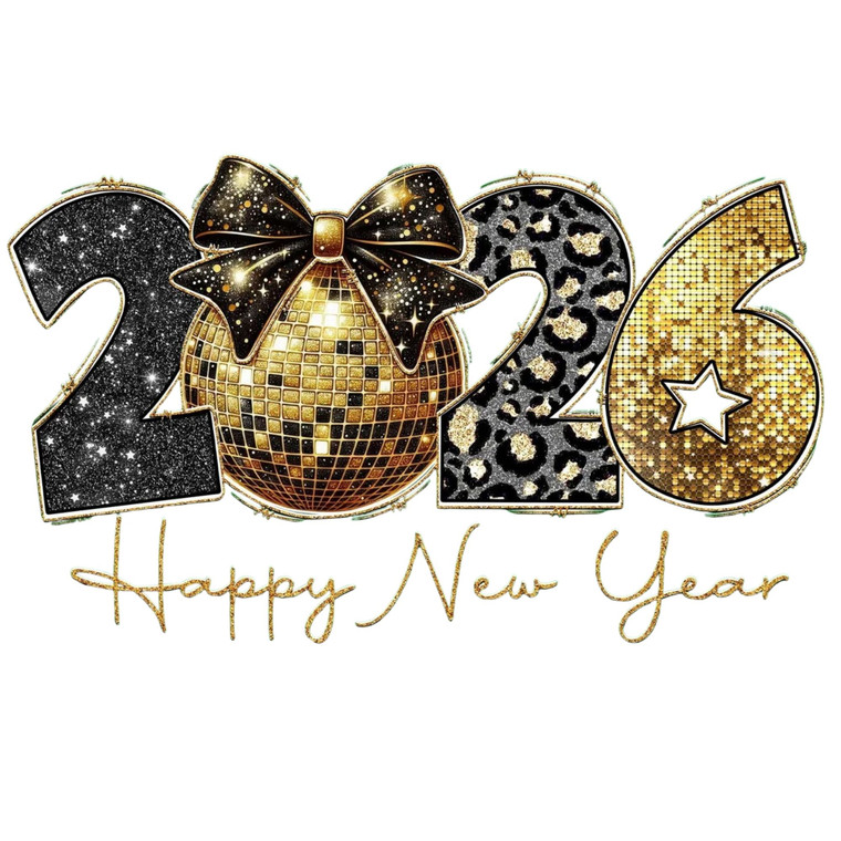 (2 Qty) 2026 Happy New Year Black Glitter Bow DTF transfer