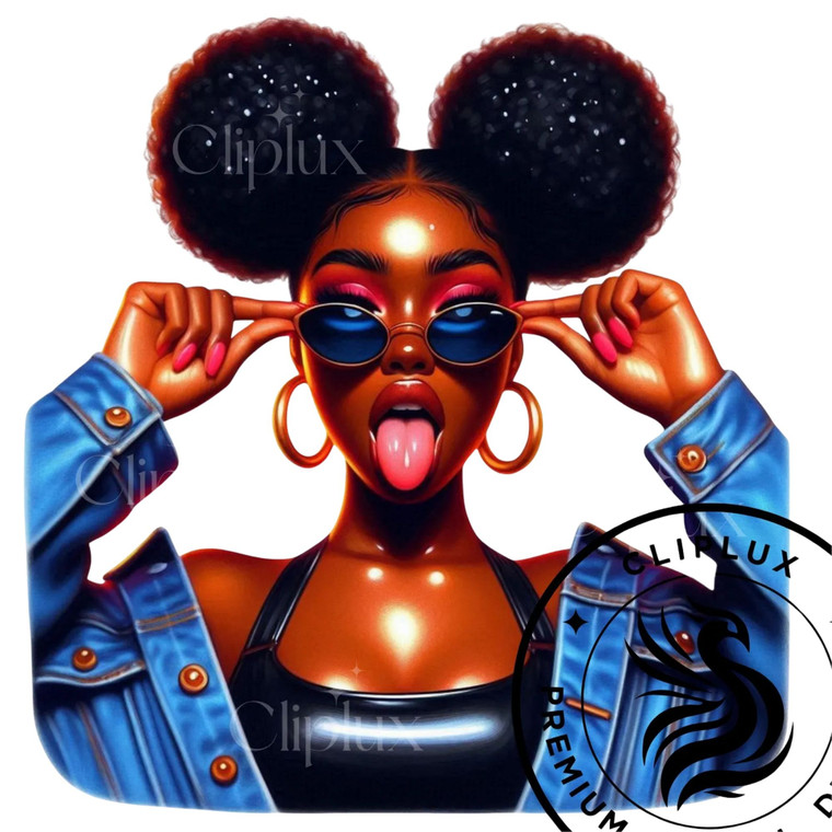 (2 qty) Woman With Afro Puffs, Blue-Tinted Sunglasses, And A Denim Jacket DTF transfers