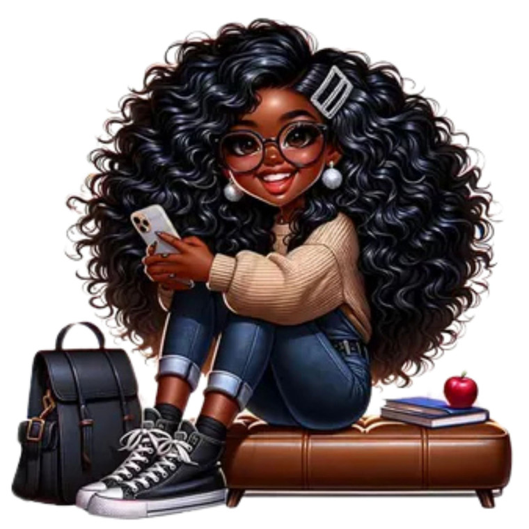 (2 qty) Woman With Voluminous, Curly Black Hair, Wearing Glasses And Holding A Smartphone  DTF transfers