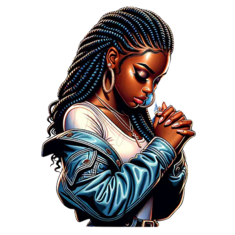 (2 qty) A Black Woman With Long Braids, Closed Eyes, And Hands Clasped In Prayer DTF transfers