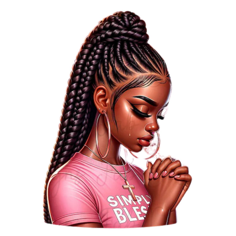 (2 qty) A Black Woman With Simply Blessed T-shirt , And Hands Clasped In Prayer DTF transfers