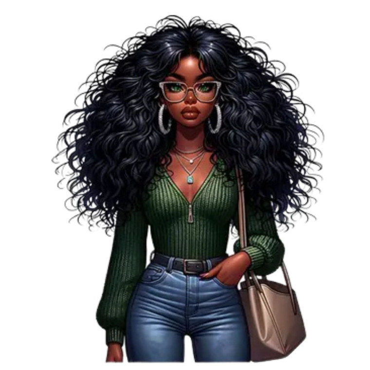 (2 qty) Woman With Large Curly Hair, Glasses, And A Green Sweater DTF transfer