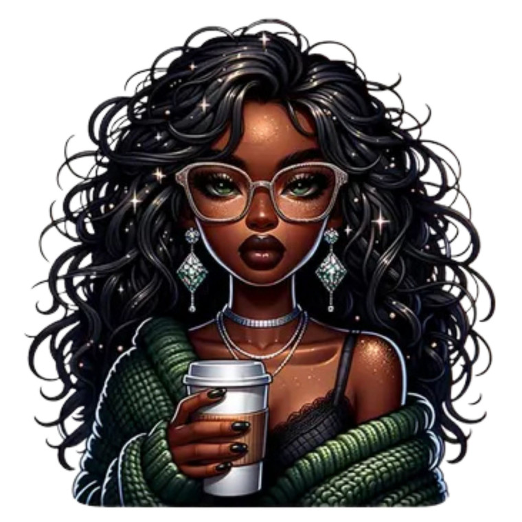 (2 qty) Woman With Long, Curly Black Hair And Glasses, Holding A Coffee Cup DTF transfer