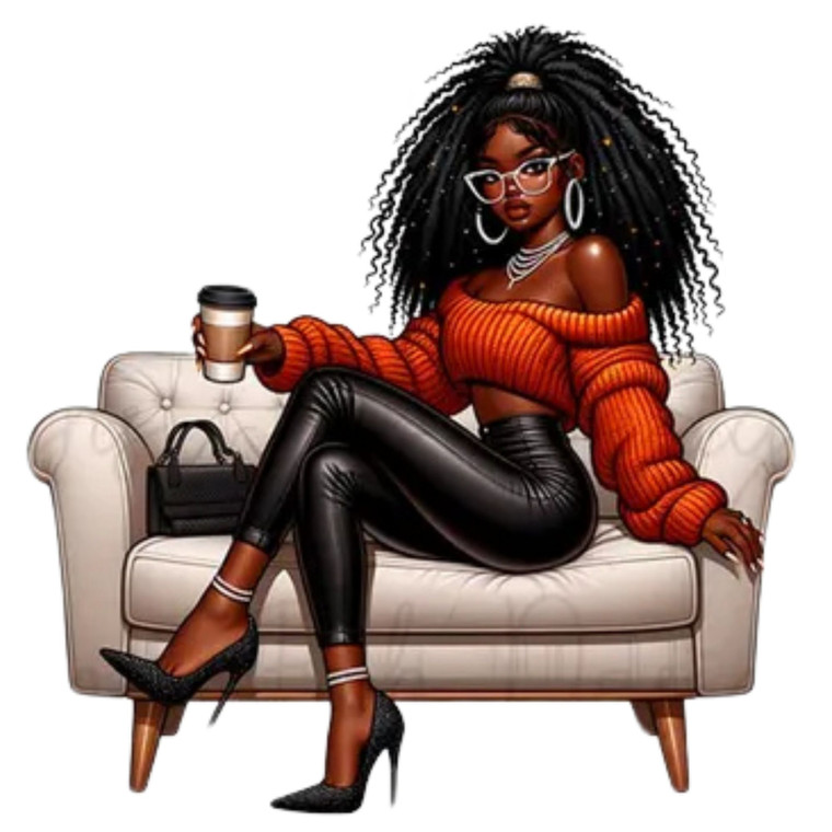 (2 qty) She Is Wearing An Orange Crop Top, Black Pants, And High Heels While Holding A Coffee Cup DTF transfer