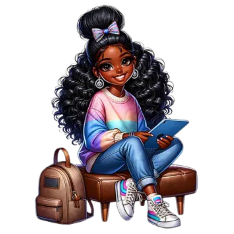 (2 qty) Girl With A Large, Curly Afro Hairstyle, A Colorful Sweater, And Sneakers, Sitting On A Bench While Using A Tablet DTF transfer