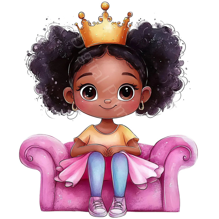 (2 qty) African American Princess Sitting On A Pink Sofa DTF transfer