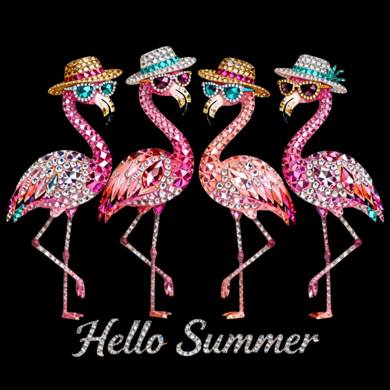 (2 Qty) Hello Summer Flamingo Rhinestones - DTF transfer