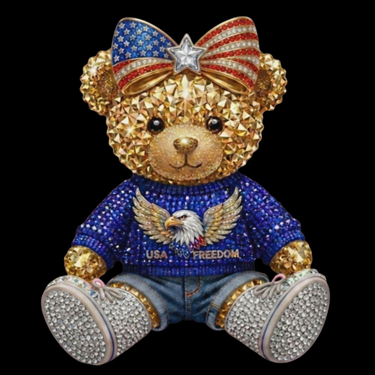 (2 Qty) USA Golden Rhinestone Teddy Bear - DTF transfer