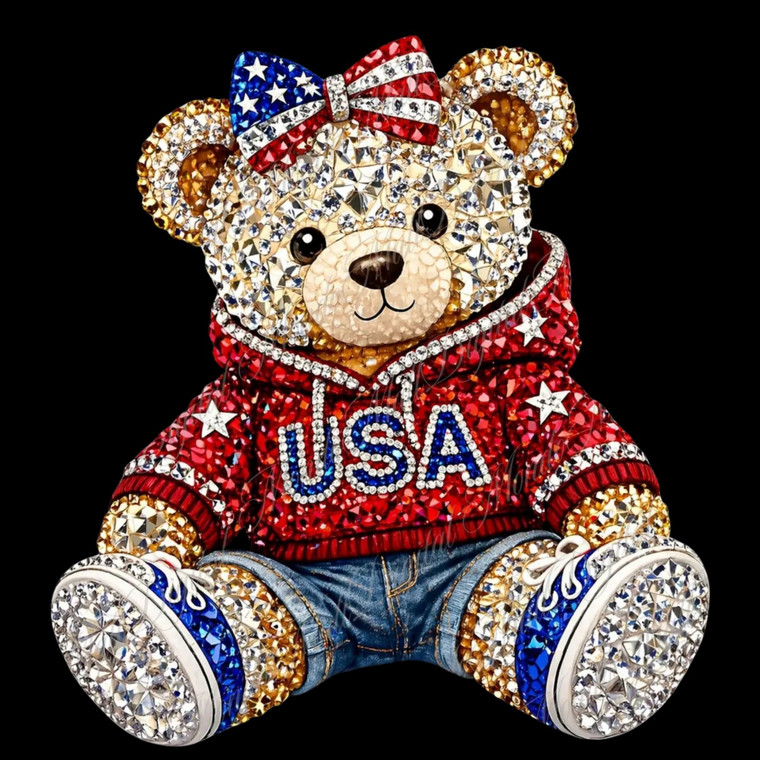 (2 Qty) USA Golden Rhinestone Gems Teddy Bear - DTF transfer