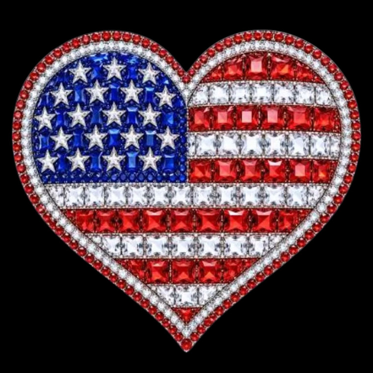 (2 Qty) USA Flag Rhinestone Heart - DTF transfer