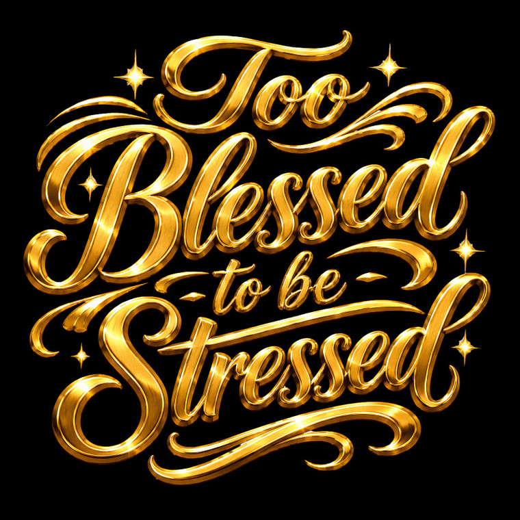 (2 QTY) Too Blessed to be Stressed (Cursive Golden) - DTF Transfer (White)