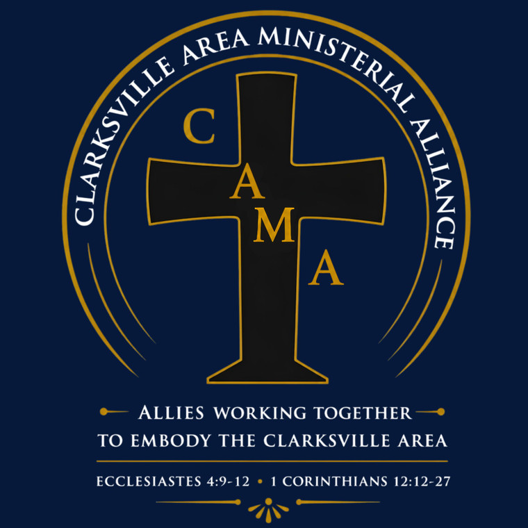 (14 Qty 4x5” for chest Pocket @3.5) Clarksville Ministries (white for Navy Blue shirt) - custom DTF transfer