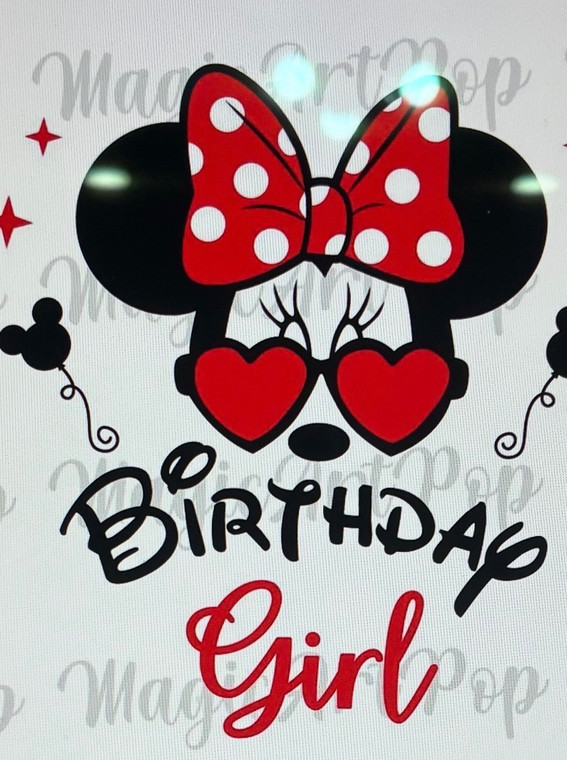 (6 Qty) 2xMinnie Pink Baloon, 2xMinnie Birthday Girl red bow, 2xMinnie Birthday girl heart shape glasses - DTF transfer