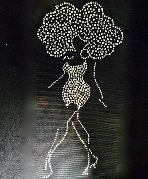 (CLEAR  BUSH GIRL) Natural Girl Big Hair Afro Rhinestone Transfer Iron On - DIY