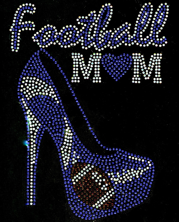 Football Mom Heel Stiletto Blue Heart Rhinestone Transfer Iron on