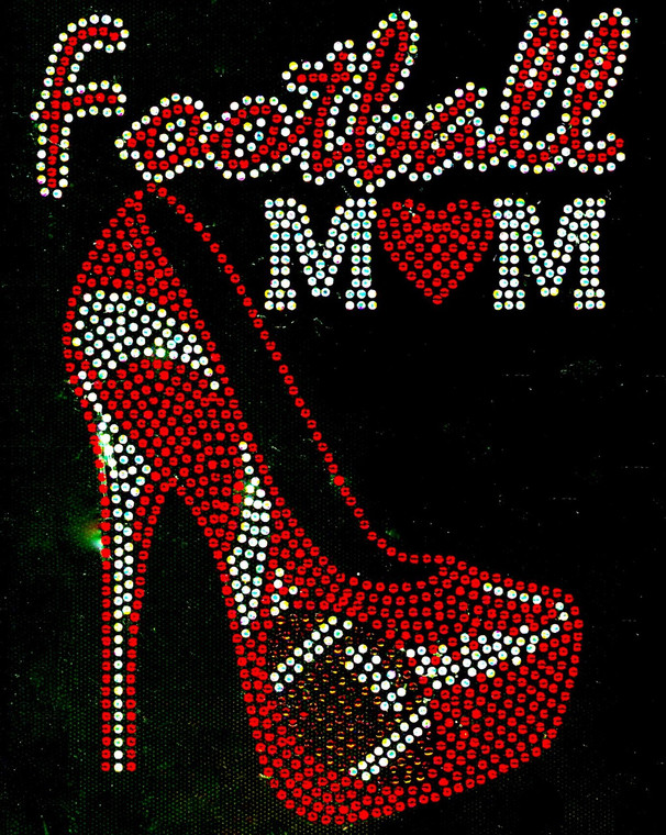 Football Mom Heel Stiletto Red Heart Rhinestone Transfer Iron on