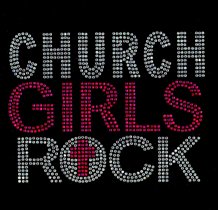 (Small 7.8"x6") Church Girls rock (Fuchsia) Hot Pink Rhinestone Transfer