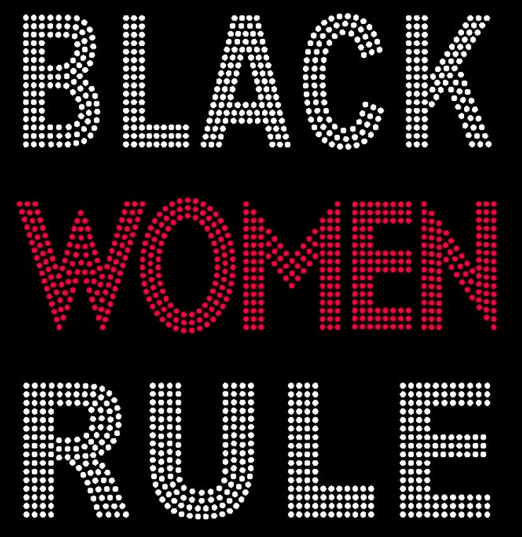 Black Women Rule Bold (Red) Text Afro Rhinestone Transfer