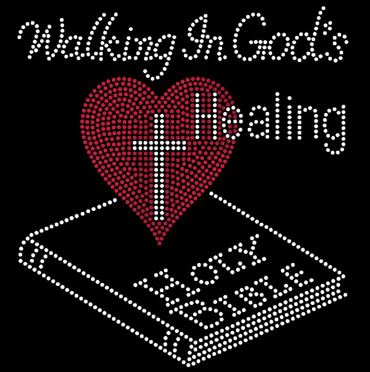 Walking in God's Healing Cross (Red) Heart Holy Bible Religious Rhinestone Transfer