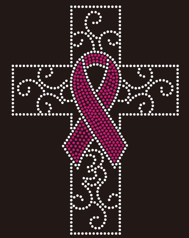 (Fuchsia) Cross ribbon Cancer Awareness Religious Rhinestone Transfer