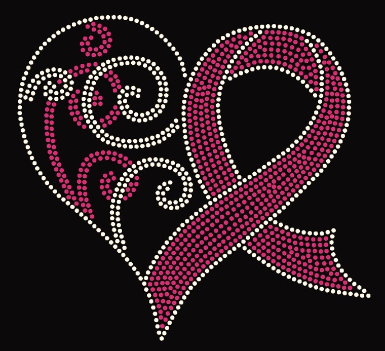 (Fuchsia & Clear) Heart ribbon Cancer Awareness Rhinestone Transfer