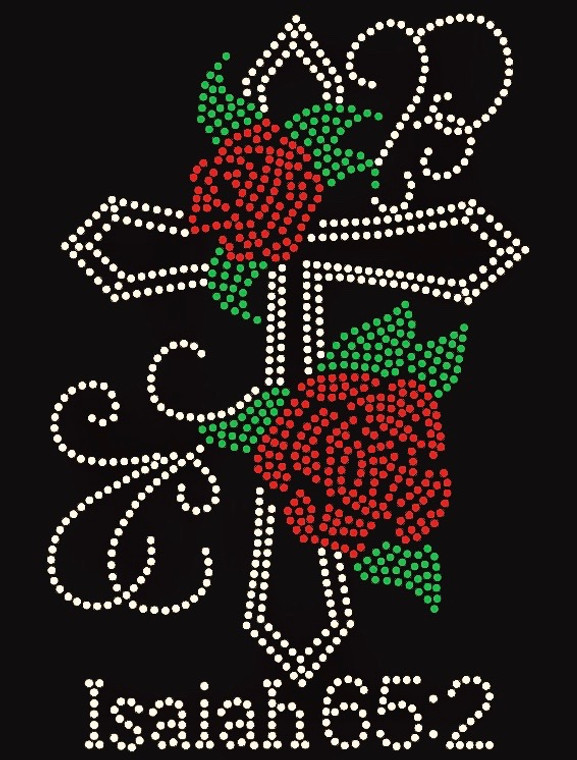 Cross with Roses flowers Isaiah 65:2 Religious Rhinestone Transfer