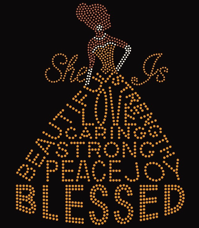 She is Blessed Dress lady (Golden dress, Brown body and clear hands, necklace and ear ring) Rhinestone Transfer