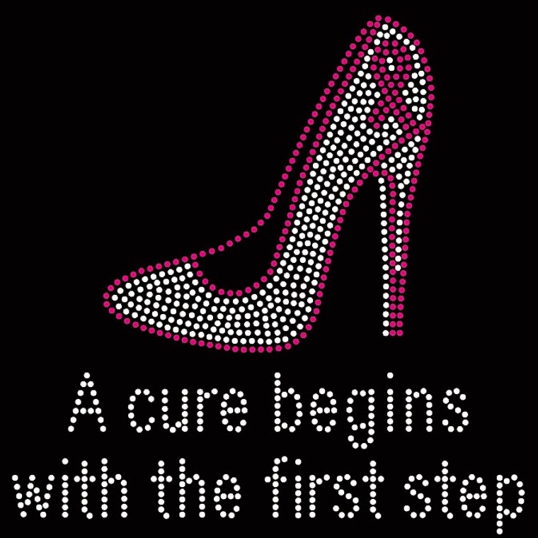 (Regular text) A cure begins with the first step Heel Stiletto Breast Cancer Ribbon Awareness Rhinestone Transfer