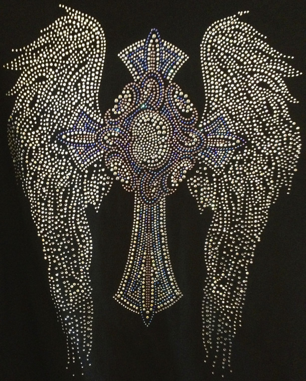 Large Angel Wing with cross Favorite Religious Rhinestone Transfer Size: Approximately 11.9"(W) x 15.2"(H)
