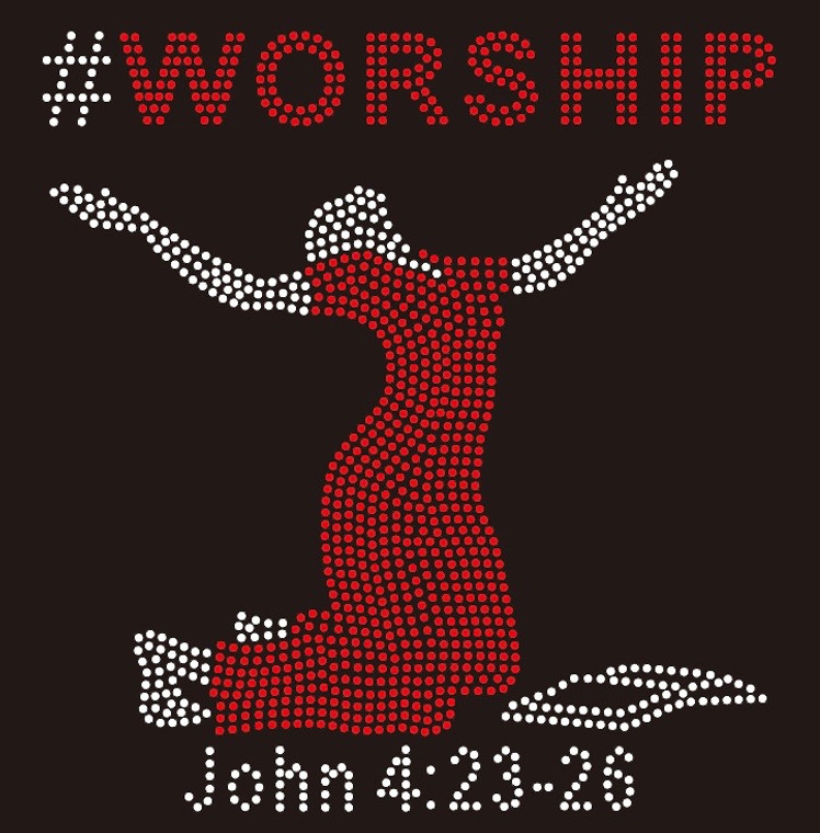 (Red) #WORSHIP Lady with bible Rhinestone Transfer 