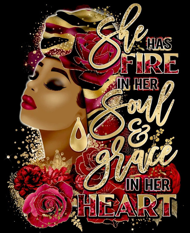 She has fire in her soul & Grace in her Heart (Red Flower) Afro Lady - DTF transfer