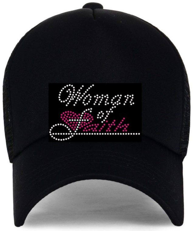 (Printed Cap) Woman of Faith (Fuchsia) (4"x2.5")(Hat size) - Rhinestone Transfer