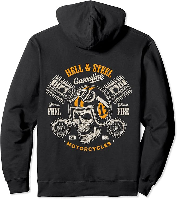 Unisex Hell And Steel Biker Skull Motorcycle Men's Women's Pullover Hoodie Black