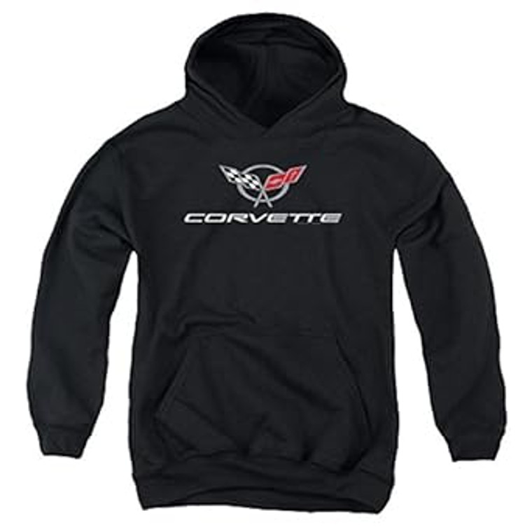 Corvette Modern Emblem Youth Small Black Hooded Sweatshirt