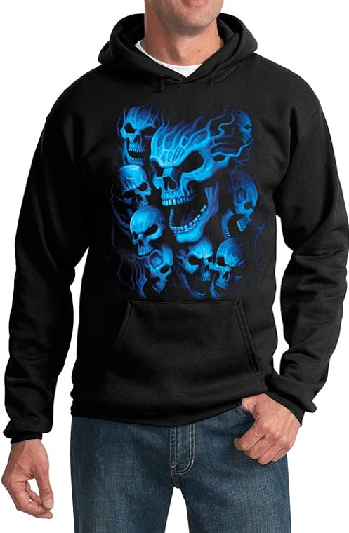 Men Women Halloween Screaming Blue Skulls Black Hooded Sweatshirt