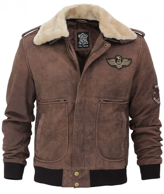 Brown Leather Bomber Jackets For Men with Removable Shearling Collar