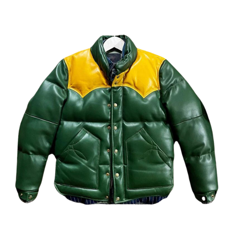 Green Designer Puffer Leather Jacket