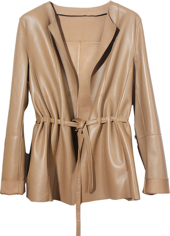 Womens Sepia Brown Round Neck Casual European Streetwear Pleated Simple Classic Leather Coat