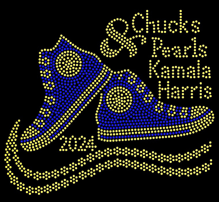 (Blue yellow) Chucks & Pearls Tennis Shoes KAMALA HARRIS 2024 Rho Rhinestone Transfer