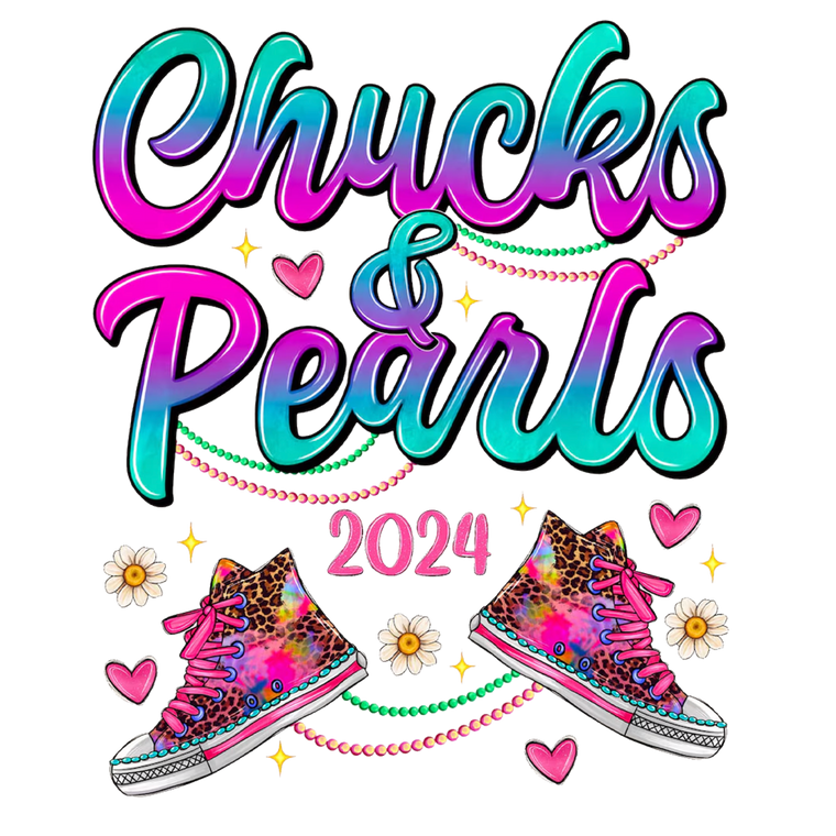 (2 qty) Chucks & Pearls 2024 (Pink & Teal) with 2 small Leopard shoes- custom DTF transfer