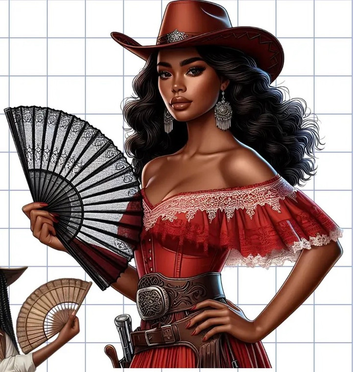 (2 Qty) Cowgirl red dress with fan Western DTF transfer