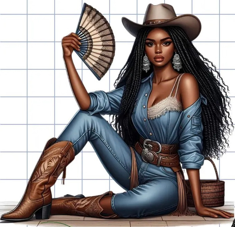 (2 Qty) Cowgirl Blue dress with fan Western DTF transfer