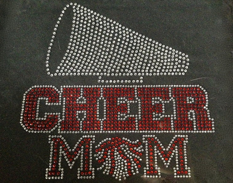 (RED) Cheer Mom under Clear Horn Megaphone Rhinestone Transfer