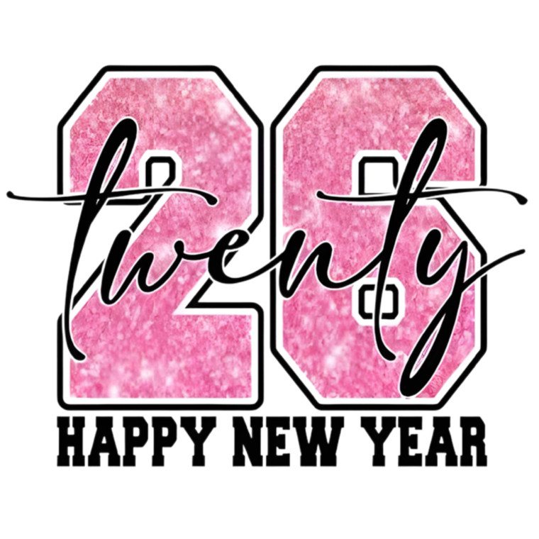 (2 Qty) Twenty 26 Happy New Year Retro Pink Glitter DTF transfer