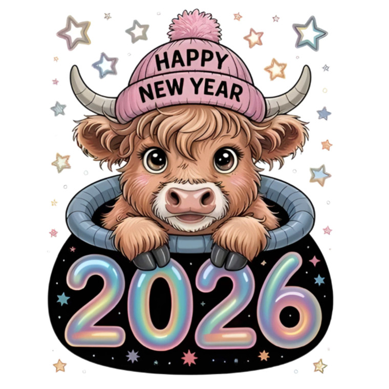 (2 Qty) Happy New Year 2026 Cute Bull DTF transfer
