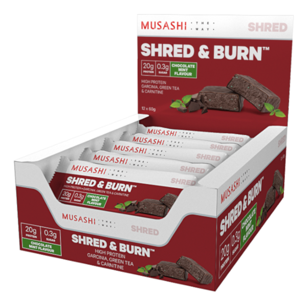 MUSASHI Shred and Burn Protein Bars Box of 12 (90 grams)