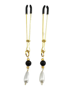 Bijoux De Nip Tweezer Nipple Clamp W/black & Gold Beads W/pearl - Gold Bijoux De Nip Tweezer Nipple Clamp W/black & Gold Beads W/pearl - Gold