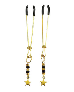 Bijoux De Nip Tweezer Nipple Clamp W/black & Gold Beads W/star - Gold Bijoux De Nip Tweezer Nipple Clamp W/black & Gold Beads W/star - Gold