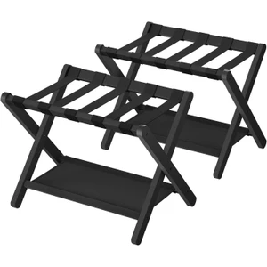 Set of 2 - Sturdy Bamboo Luggage Rack in Black Wood Finish w/Lower Storage Shelf